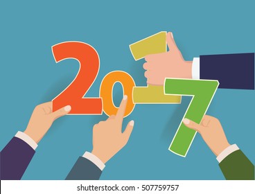 Concepto de Año Nuevo, Manos con números. Ilustración vectorial