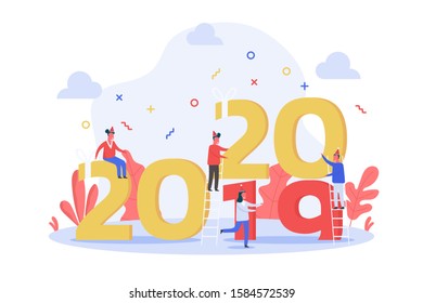 concept of new year two thousand twenty celebrated with tiny people and large gifts, vector flat illustration for web, landing page, ui, banner, editorial, mobile app and flyer.