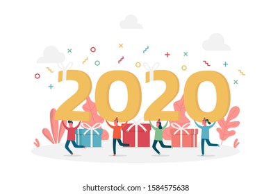 concept of new year two thousand twenty celebrated with happy tiny people and large gifts, vector flat illustration for web, landing page, ui, banner, editorial, mobile app and flyer.