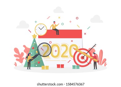 concept of new year two thousand twenty planner with teamwork tiny people and pine tree, vector flat illustration for web, landing page, ui, banner, editorial, mobile app and flyer.
