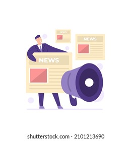 concept of news bearer or announcer, presenter. illustration of workers or staff, megaphone, newspaper. convey information to the public. work and profession. flat cartoon style. vector design