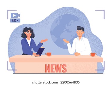 Concepto de noticias. Hombre y mujer sentados en el estudio y compartir información. Programa de televisión, medios masivos. Afiche o cartel para el sitio web. Periodista o presentador de noticias, televisión digital. Dibujo vectorial plano de dibujos animados