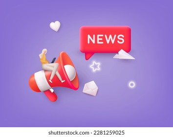 Concept News update. Marketing time concept, realistic 3d megaphone, loudspeaker with lightning. 3D Web Vector Illustrations. 