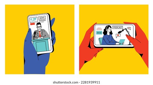 Concept of news, watching video online, podcast, talk show, tv application, live streaming. Hand holding smartphone with man with microphone on screen. Vector illustration in flat style