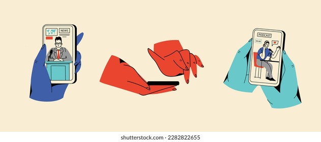 Concept of news, watching video online, podcast, talk show, tv application, live streaming. Hand holding smartphone with man with microphone on screen. Vector illustration in flat style