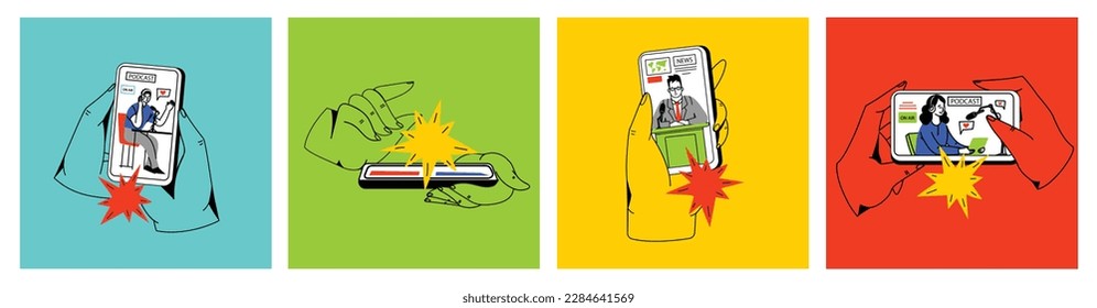Concept of news, watching video online, podcast, talk show, tv application, live streaming. Hand holding smartphone with man with microphone on screen. Vector illustration in flat style