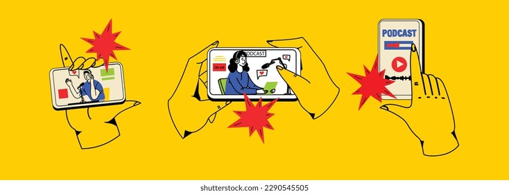 Concept of news, watching video online, podcast, talk show, tv application, live streaming. Hand holding smartphone with man with microphone on screen. Vector illustration in flat style