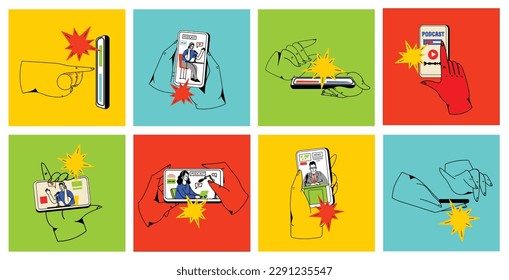 Concept of news, watching video online, podcast, talk show, tv application, live streaming. Hand holding smartphone with man with microphone on screen. Vector illustration in flat style