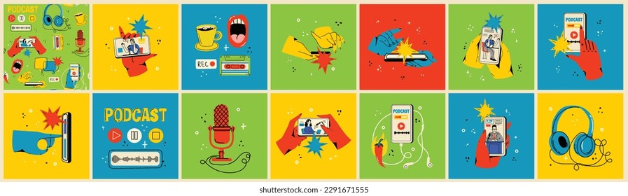 Concept of news, watching video online, podcast, talk show, tv application, live streaming. Hand holding smartphone with man with microphone on screen. Vector illustration in flat style