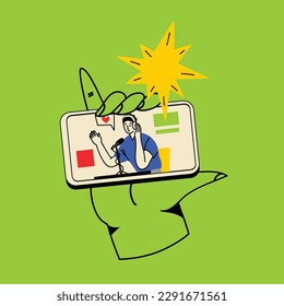 Concept of news, watching video online, podcast, talk show, tv application, live streaming. Hand holding smartphone with man with microphone on screen. Vector illustration in flat style
