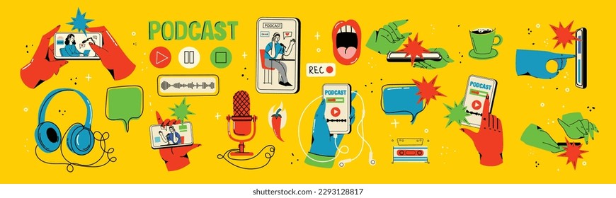 Concept of news, watching video online, podcast, talk show, tv application, live streaming. Hand holding smartphone with man with microphone on screen. Vector illustration in flat style