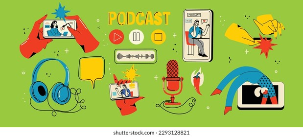 Concept of news, watching video online, podcast, talk show, tv application, live streaming. Hand holding smartphone with man with microphone on screen. Vector illustration in flat style