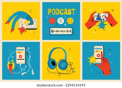 Concept of news, watching video online, podcast, talk show, tv application, live streaming. Hand holding smartphone with man with microphone on screen. Vector illustration in flat style