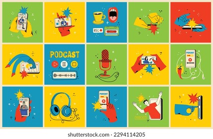 Concept of news, watching video online, podcast, talk show, tv application, live streaming. Hand holding smartphone with man with microphone on screen. Vector illustration in flat style