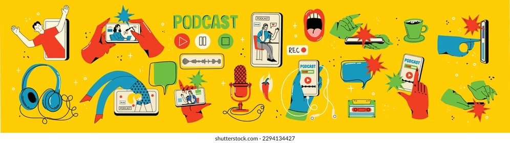 Concept of news, watching video online, podcast, talk show, tv application, live streaming. Hand holding smartphone with man with microphone on screen. Vector illustration in flat style