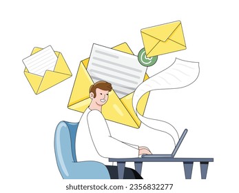 Concept Newsletter. A man sitting at a desk writing content for an email newsletter. Hand drawn illustration style.