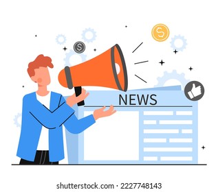 Concept of newspaper. Man with loudspeaker stands against background of news. Production of interesting content, mass media metaphor. Information and knowledge. Cartoon flat vector illustration