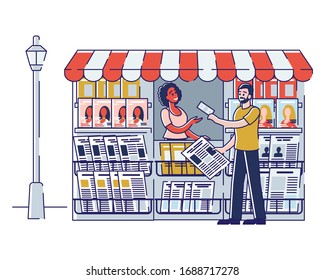 Concept Of Newsstand. Woman Seller Is Selling Newspapers And Magazines In Press Kiosk. Female Character Selling Fresh Press in Booth on Street. Cartoon Linear Outline Flat Style. Vector Illustration