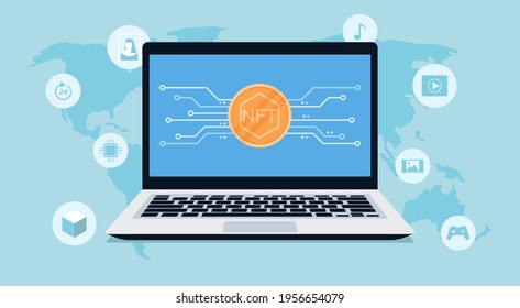 Concept of NFT, non-fungible token around the world with network, golden coin and icon on laptop computer, flat vector illustration