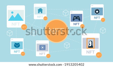 Concept of NFT, non-fungible token and digital items with crypto art, game, video for sale on internet online marketplace and blockchain technology with golden coin icon, vector illustration