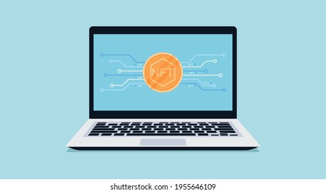 Concepto de NFT, token no fungible con red en ordenador portátil con icono de moneda, ilustración vectorial plana