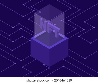 Concept of NFT ,non-fungible token with network vector on dark background. Isometric illustration 