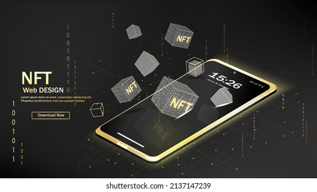 Concept of NFT ,non-fungible token with network vector on dark background. Vector illustration concept nft banner for website. Non-renewable token. Vector illustration.