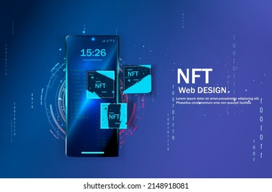 Concept of NFT ,non-fungible token with network vector on dark background. Vector illustration concept nft banner for website. Non-renewable token. Vector illustration.