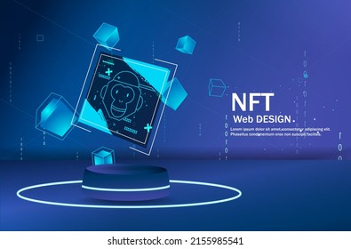 Concepto de NFT, token no fungible con vector de red en fondo oscuro. Pancarta nft de concepto de ilustración vectorial para sitio web. token no renovable. Ilustración vectorial.