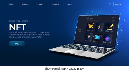 Concept of NFT ,non-fungible token with network vector on dark background. Vector illustration concept nft banner for website. Non-renewable token. Vector illustration.