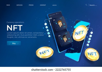 Concept of NFT ,non-fungible token with network vector on dark background. Vector illustration concept nft banner for website. Non-renewable token. Vector illustration.