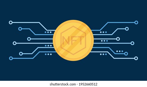 Concept of NFT, non-fungible token on golden coin icon with the network, flat vector illustration