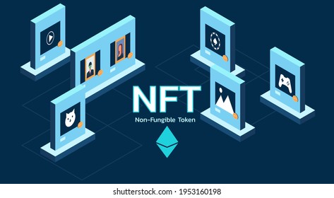 Concept of NFT, non-fungible token on internet online marketplace and crypto art or game items on blockchain technology with virtual exhibition, flat vector illustration