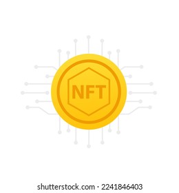 Concepto de NFT, símbolo (token) no fungible en icono de moneda dorada con la red.NFT. Tokens no fungibles ambientados en el estilo de las caricaturas. Dinero en línea para comprar arte exclusivo. Ilustración vectorial
