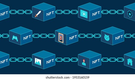 Concept of NFT, non-fungible tokens, Digital items for crypto art, game, video, collectible sale on internet online marketplace with virtual blocks on blockchain technology, flat vector illustration