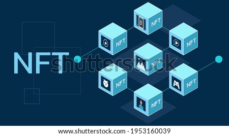 Concept of NFT, non-fungible tokens, Digital items for crypto art, gaming, collectible and blockchain technology on dark background, flat vector illustration