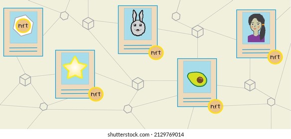 The concept of NFT, non-interchangeable tokens. Online NFT market with works of crypto art for sale.Blockchain technology. Flat design style.