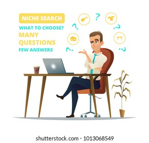 Concept of niche search. Sad Businessman sitting on his workplace. Young business man think. Thinking business man surrounded by question marks and niche icons.