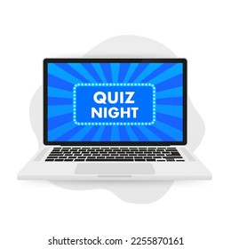 The concept of a night lamp Quiz. Element template for a project on a laptop. Announcement of the evening quiz. Vintage style letter box light bulbs shining on a dark background. Vector illustration