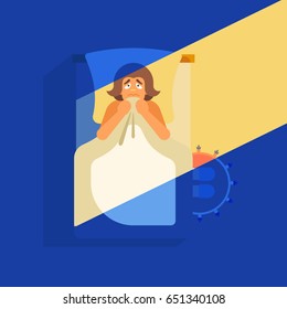 Concept of nightly fear. The man is lying on the bed in the dark. He pressed the blanket to himself. Vector illustration. 