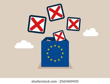 Concept of no approval, no agreement. Unfinished checkbox on box European Union. Modern flat vector illustration 