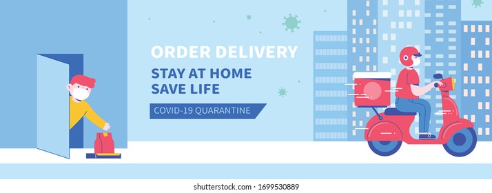 Concept of no contact food delivery, with courier offering a drop-off without physical contact during COVID-19 quarantine