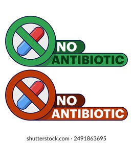 Concept No hormones, Certificate stamp. No hormones. Natural product. Fresh nutrition. Antibiotic-free healthy product. no antibiotics green flat banner on white background. Vector illustration.