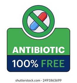 Concept No hormones, Certificate stamp. No hormones. Natural product. Fresh nutrition. Antibiotic-free healthy product. no antibiotics green flat banner on white background. Vector illustration.