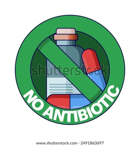 Concept No hormones, Certificate stamp. No hormones. Natural product. Fresh nutrition. Antibiotic-free healthy product. no antibiotics green flat banner on white background. Vector illustration.