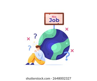 a concept of no job openings. illustration of a man sitting and looking frustrated and confused because there are no open jobs. the difficulty of finding and applying for jobs in the world. flat style