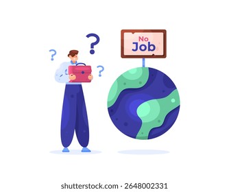 um conceito de ausência de vagas de emprego. ilustração de um homem sendo confundido porque não existem vagas de emprego abertas. dificuldade em se candidatar a um emprego. terra com pessoas. design de estilo plano. elementos do ativo