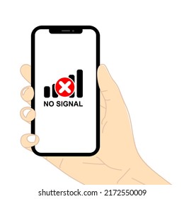 Concept No signal. The hand is holding a smartphone. problem with the signal of the device. Flat vector illustration