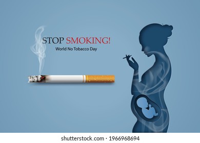 concept of no smoking and World No Tobacco Day with pregnant woman smoking. paper collage style with digital craft .