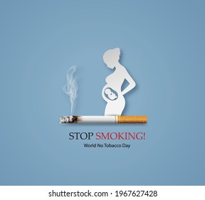 concept of no smoking and World No Tobacco Day with pregnant woman smoking. paper collage style with digital craft .